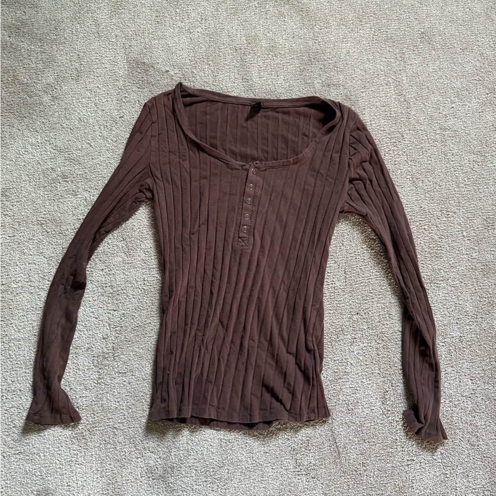 SHEIN Chocolate Ribbed Button-Up Blouse